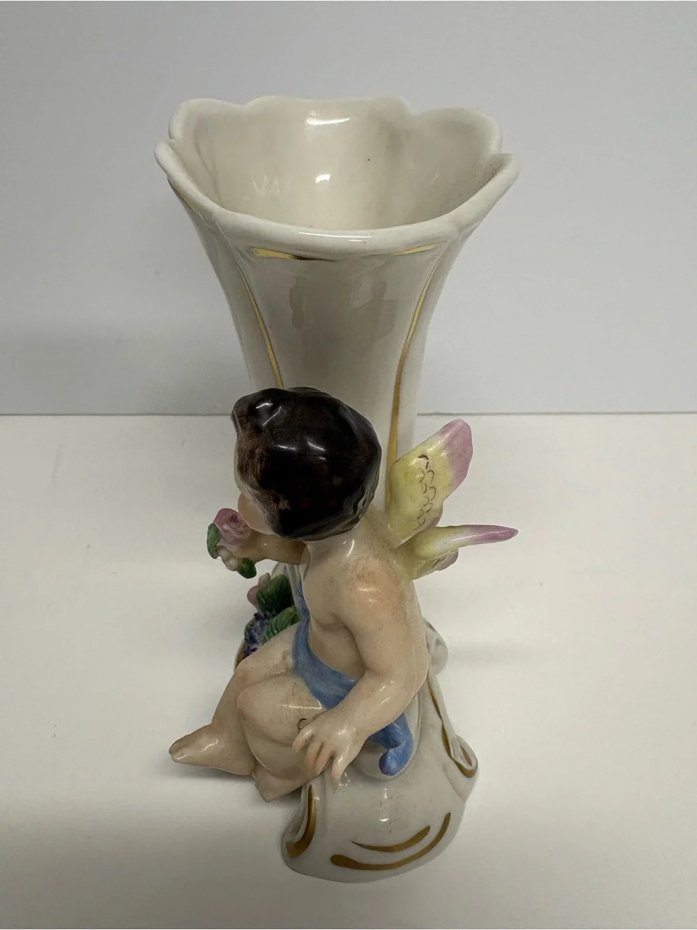 Vintage Porcelain Cherub Cornucopia Vase in White and Gold